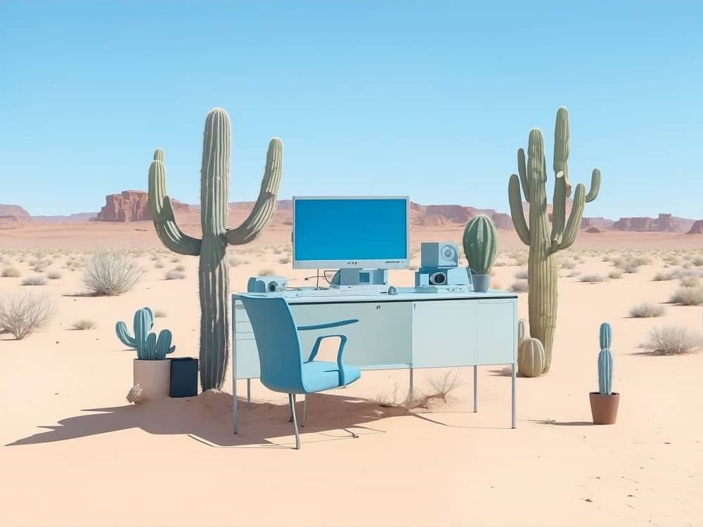 Illustrazione di una scrivania in mezzo al deserto